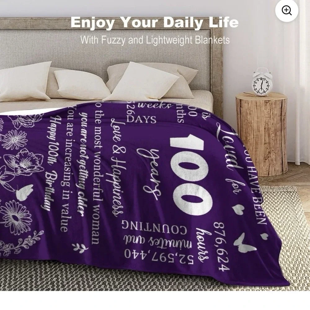 100th Birthday Blanket, 50x60,‎ Gift, Women, Grandma, 100 Year Old, Decor
